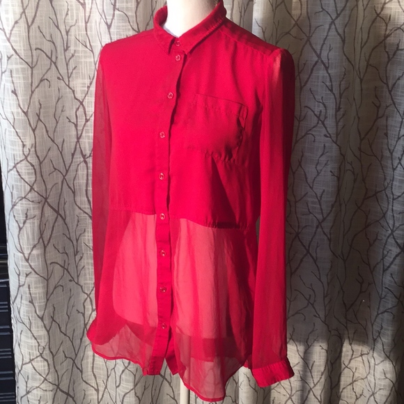 Free People flowing sheer red button down - Picture 1 of 8